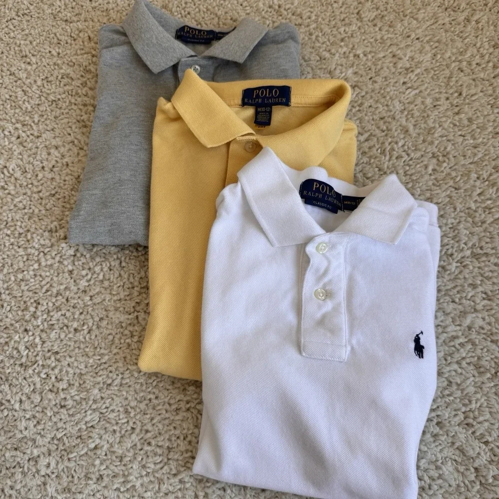 Lot Of 3 Pool Ralph Lauren Boys Classic Fit Polo Size M 10-12 White Grey Yellow